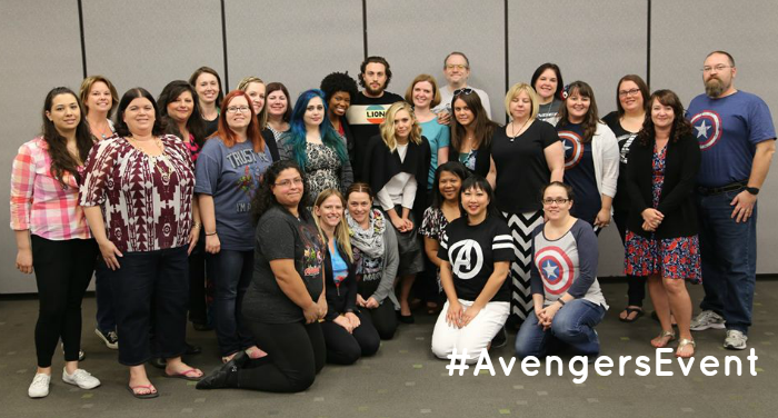 Avengers Age of Ultron Elizabeth Olsen & Aaron Taylor-Johnson Group Pic